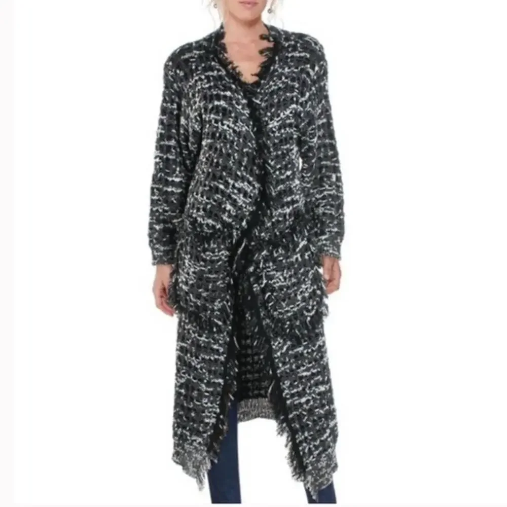 FOXIEDOX Black and White Knit Fringe Cardigan Size Large NWT